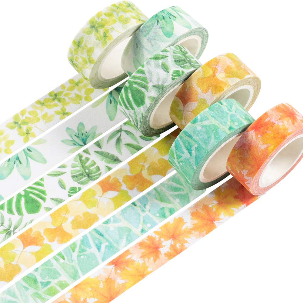 Yubbaex Lush Plants Washi Tape Set 15mm Floral Masking Decorative Tapes (Feeling of Leaves 6 Rolls)