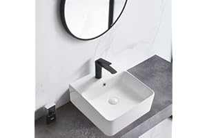 Bathivy Bathroom Vessel Sink and Pop Up Drain Combo, 16.5'' Rectangle White Above Counter Ceramic Porcelain Vanity Bowl, Art Basin Sinks with Overflow and Single Faucet Hole