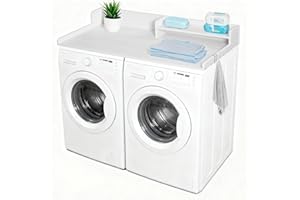 KULAMOON Washer and Dryer Countertop with Shelf, HDPE 2-Tier Laundry Countertop, 54" Wide Laundry Machine Topper with 2 Hooks & Non-Slip Pads for Laundry Room Organization and Folding Clothes (White)