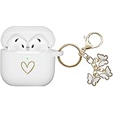 AIIEKZ Compatible with AirPods 4 Cover 2024, Soft Silicone Case With Gold Heart Pattern for 4th Generation, Cute Butterfly Keychain for Girls Women (White)