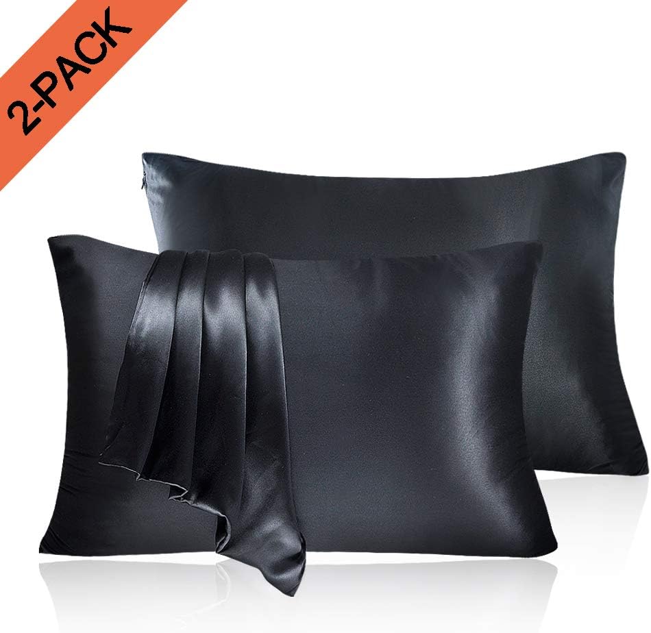 LULUSILK Mulberry Silk Pillowcase for Hair and Skin, 19 Momme Anti Wrinkle Silk Pillow Case Cover with Hidden Zipper, Black, Queen Size, Pack of 2