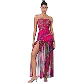 Women's Tube Top Dress Sexy Strapless Mesh Backless High Slit Long Dress Summer Party Ruched Bodycon Maxi Sundress