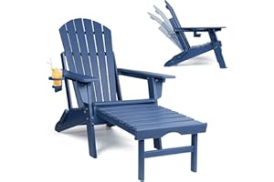 FUNBERRY Adjustable Folding Adirondack Chair with Retractable Ottoman, All Weather Fire Pit Chairs with Cup Holder