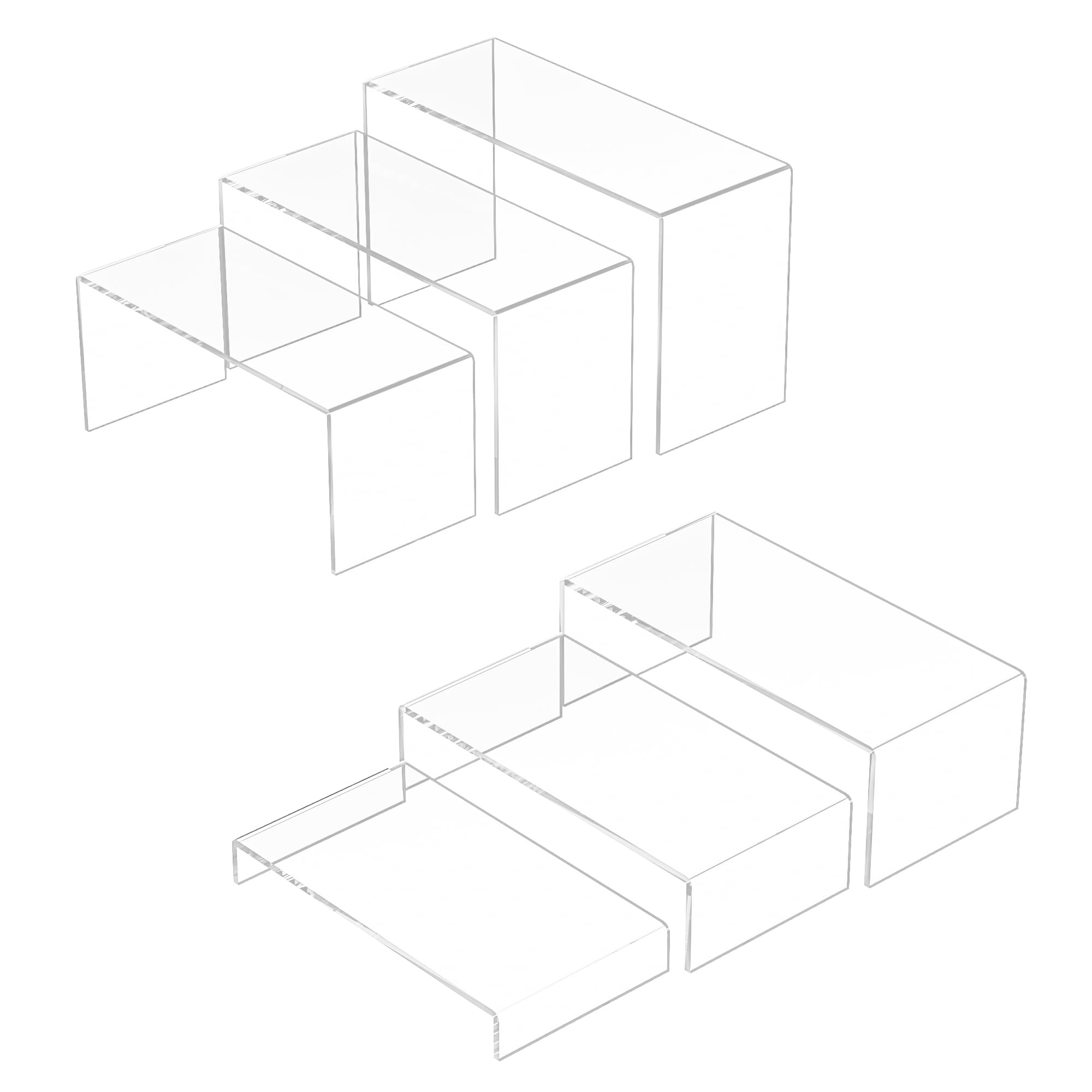 Sezanrpt Acrylic Display Risers 6pcs, Clear Rectangular Display Organizer Stands for Funko Pop Figure, Desserts, Cupcake, Merchandises - 7.5''x8''x8.5''x9''x9.5''x10''