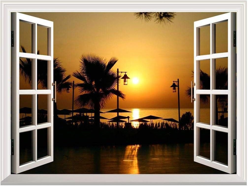 Removable Wall Sticker/Wall Mural - Majestic Tropical Scenery at Sunset | Creative Window View Wall Decor - 36"x48"