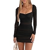 Memoriesea Women's Sexy Mesh Square Neck Long Sleeve Ruched Bodycon Party Club Mini Dress