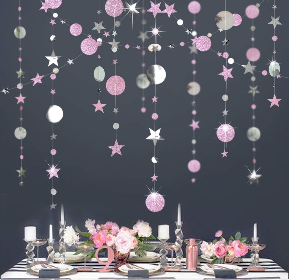 Glitter Pink Silver Circle Dot Garland Twinkle Little Star Decoration Polka Dots Streamer Backdrop Banner Girls Birthday Party Decor/Baby Shower/Wedding/Engagement/Anniversary/Sweet 16/Bridal Shower