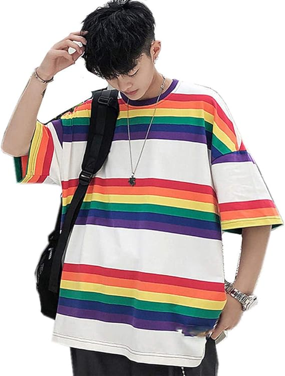 Amazon Tシャツ レインボーストライプシャツメンズ半袖tシャツカジュアルルーズニュートラルソフト快適トップス Tシャツ カットソー 通販