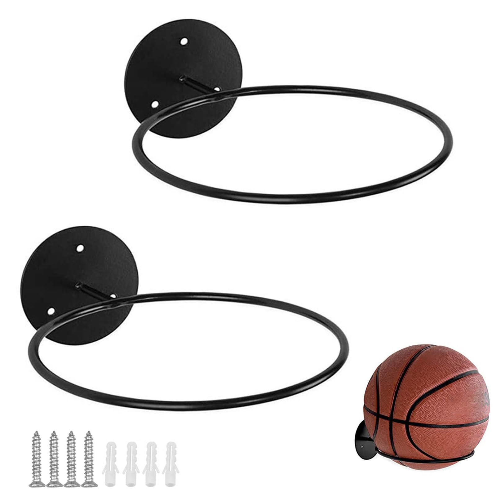 YunBey Wall Mounted Ball Holder, 2 Pieces Wall-Mounted Black Football Stand Display Accessories for Basketball Soccer Volleyball and Exercise Balls