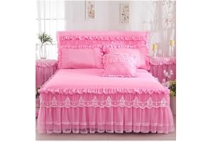 Comfy Lace Ruffled Bedding Set Chic Princess, 1 Piece Bedspread with 2 Pillowcases for All Season(Pink,Queen 180x220cm 3pc)