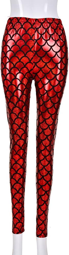 BFDBFD One Pair Women's red Mermaid Scale Shiny Wet Look Leggings one Size Faux Leather Metallic foil Stretch Holographic Laser high Waist Sports Gym Festival. Polyester and Spandex. 8 Colours (Red)