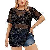 RITERA Plus Size Mesh Tops for Women Sexy Short Sleeve Sheer Fishnet Shirts Black Tshirts Blouses XL-5XL