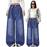 Nivne Tco Tween Girls Baggy Jeans Casual Elastic Ruffle Waist Wide Leg Loose Fit Denim Pants with Four Pockets
