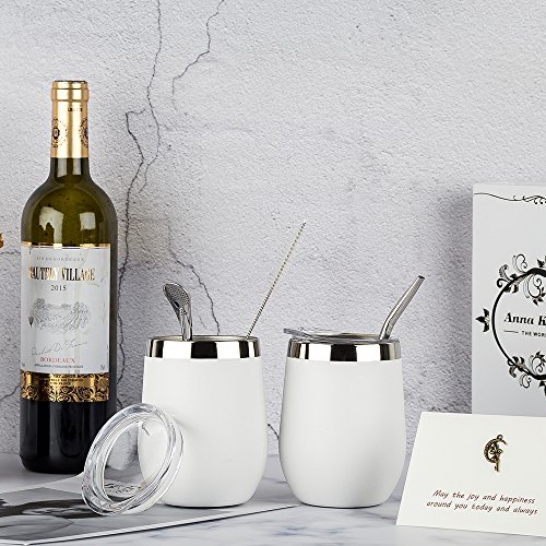 DOKIO Wine Glasses With Stainless Steel Straw 12oz Sippy Cup Tumbler White Stemless Double Wall Vacuum Insulated With Lid Unbreakable For Ice Hot Drink Coffee Champagne Cocktail Mug 2 Sets