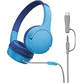Belkin SoundForm Mini Kids Wired Headphones w/USB C to 3.5mm Dongle, Built-in Mic & Fun Stickers, 85dB Max Volume – for Online Learning, Travel, Compatible w/iPhone 16, iPad, Galaxy S25, etc - Blue