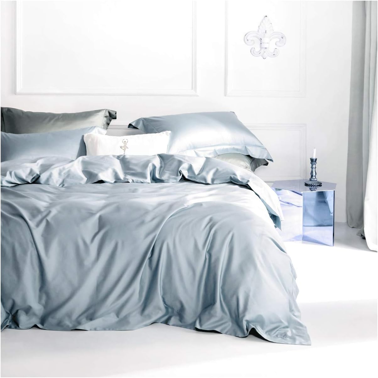Solid Color Egyptian Cotton Duvet Cover Luxury Bedding Set High Thread Count Long Staple Sateen Weave Silky Soft Breathable Pima Quality Bed Linen (Queen, Fog Blue)