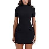 YMDUCH Women's Short Sleeve Mock Turtle Neck Bodycon Mini Tank Short Party Dress