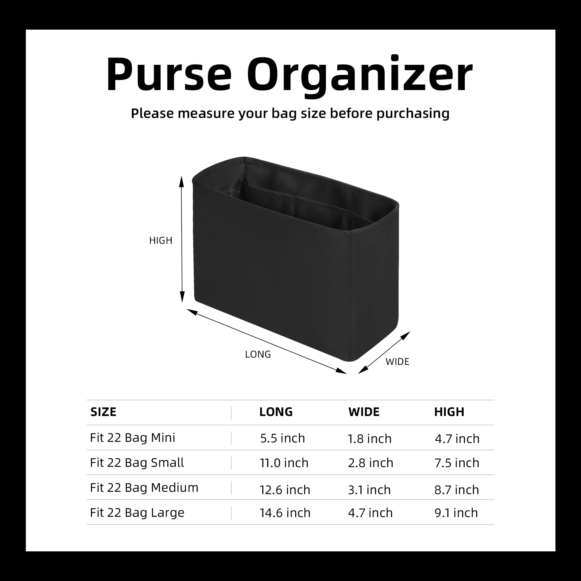 DGAZ Silk Purse Organizer Insert Fits Chanel 22 S/M/L bag，Silky Smooth Bag Organizer，Luxury Handbag & Tote Shaper（Black，M）