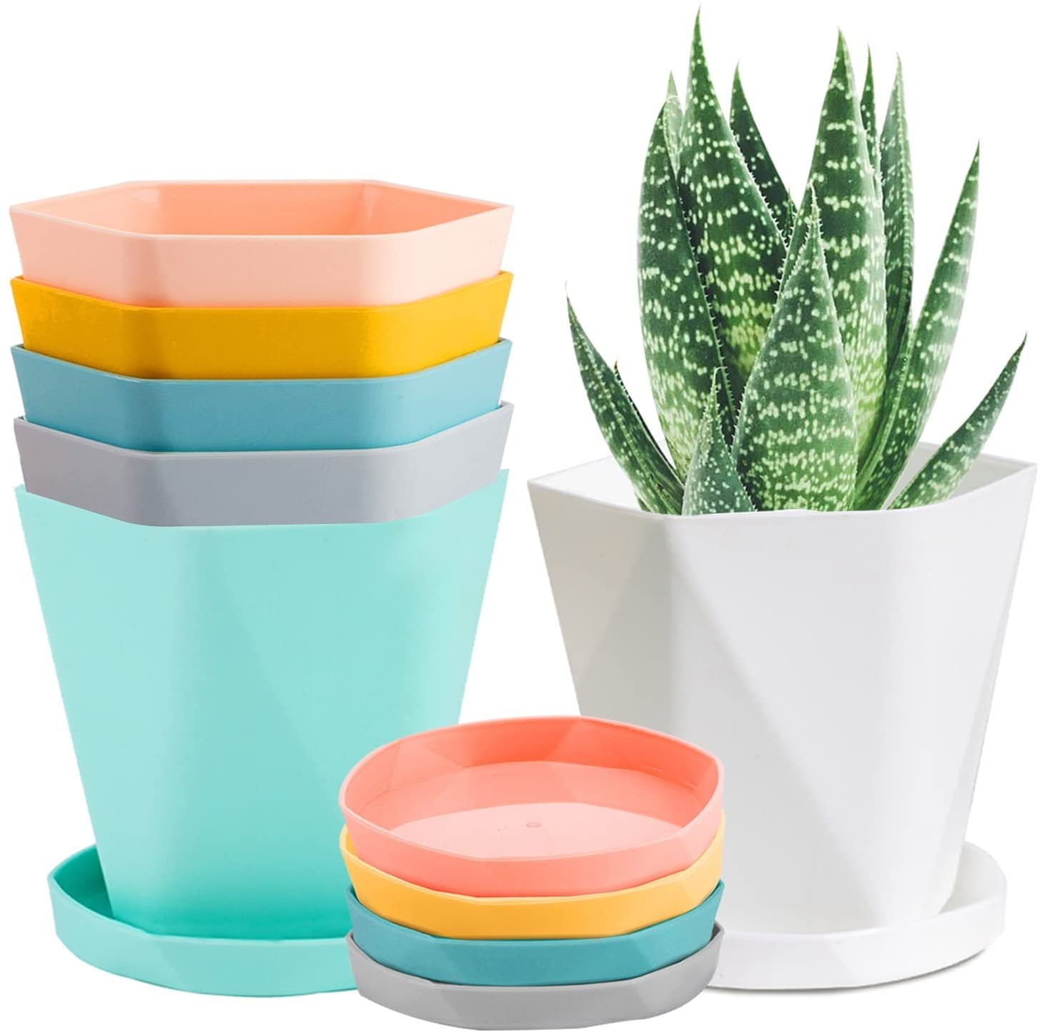 LATERN 6Pcs Plastic Plant Pots, 13CM Colorful Flower Pot Root-Control Seedling Planter Nordic Style Garden Pots with Saucer for Flowers Herbs Succulents Cactus (6 Colors)