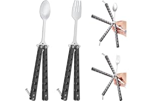 Flutesan 2 Pcs Butterfly Fork and Spoon Set, Tactical Butterfly Spoon Folding Stainless Steel Spork Utensil Set Balisong Trainer for Travel Camping Hunting BBQ Kitchen(Black)