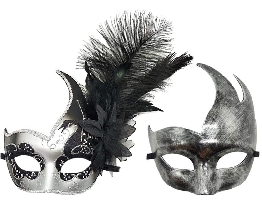 Coolwife Couple Feather Mask Masquerade Halloween Mardi Gras Cosplay Party Costume Masks (Couple Silver Black)