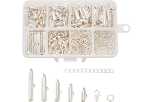 BB BEADTHOVEN Beadthoven 1Box 5Sizes Silver Brass Slide On End Clasps with Alloy Lobster Claw Clasps & Iron Twist Extender Chains Jump Rings Tube Crimp Cord Ends Finding for Jewelry Making 10mm/13mm/16mm/20mm/25mm