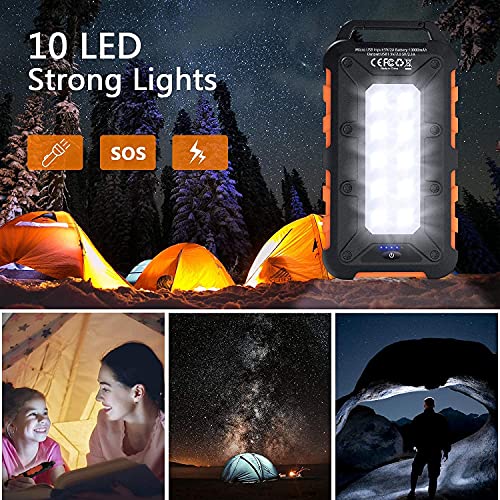 Solar Power Bank, 10000mAh Portable Solar Charger Ipx4 Waterproof Phone