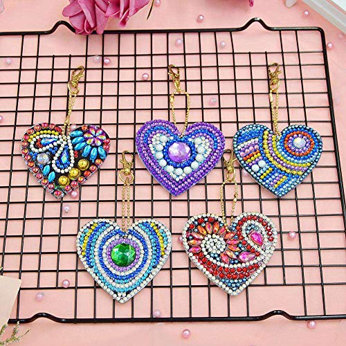 5D DIY Diamond Painting Keychain, 5 pcs Love Shape, Mosaic Making Full Drill Special Shape Diamond Painting Kit for Bags, Smartphone Straps, 5 Pack