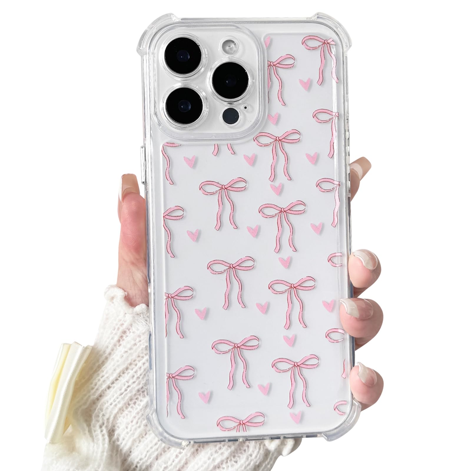 Lovmooful Compatible for iPhone 16 Pro Case Clear Cute Bowknot Heart with Four Corners Shockproof Design for Girls Women Soft TPU More Protective Girly for iPhone 16 Pro Case-Pink Bow