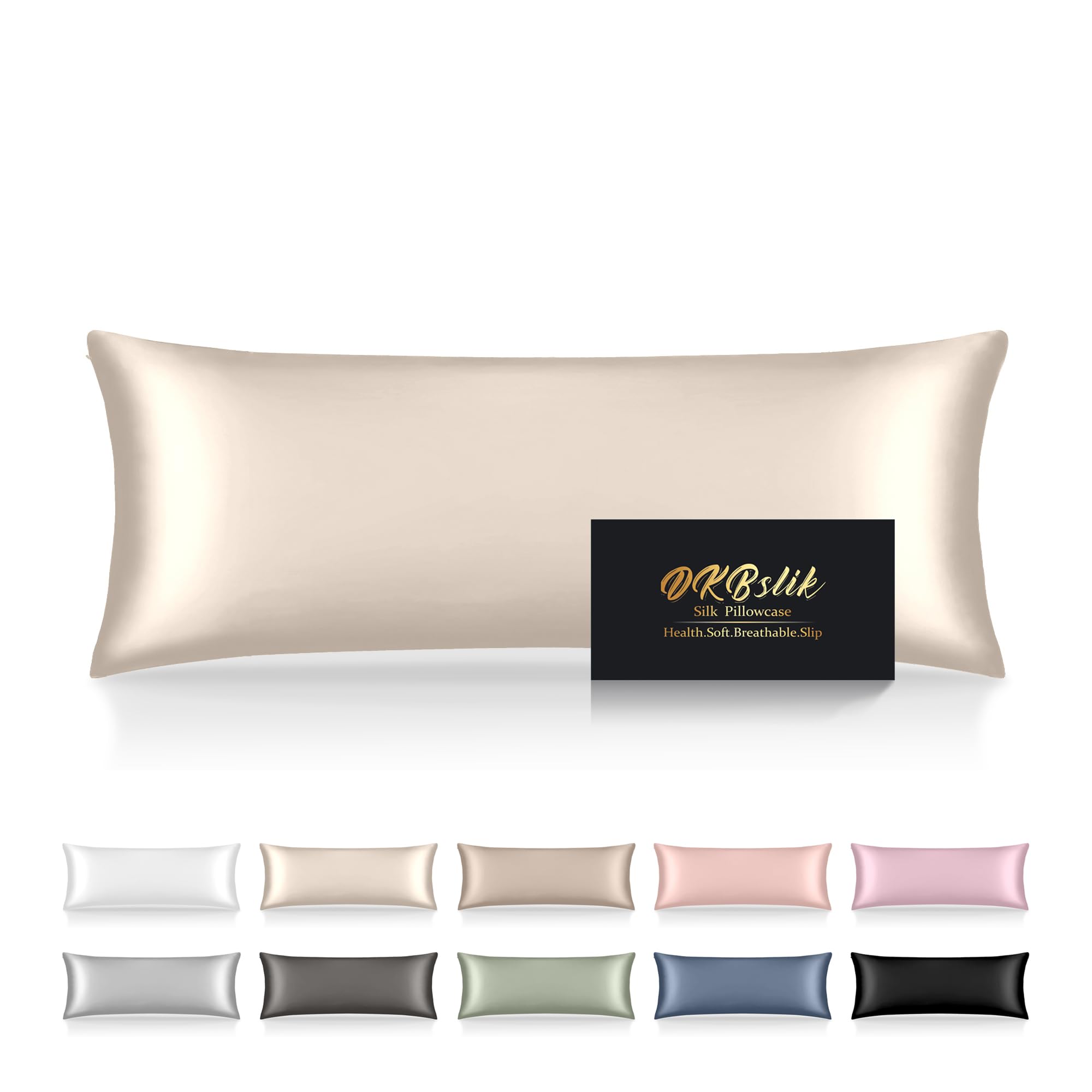 Silk Body Pillow Cases, Mulberry Silk Body Pillow Cover with Zipper, Smooth, Anti Acne, Cooling Sleep Both Sides Natural Silk Satin 20x54 Body Pillowcase, Gifts for Women Men, Beige Image