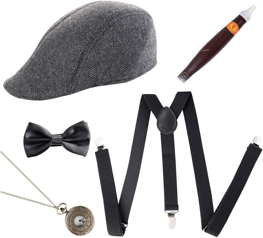Amazon Com Truevalue 1920s Mens Gatsby Gangster Costume Accessories Set 30s Manhattan Fedora Hat Suspenders Grey Clothing
