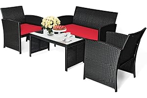 KOTEK 4 Pieces Patio Furniture Set, Outdoor Rattan Wicker Patio Conversation Set, Outdoor Rattan Sofa and Table Set w/Cushion