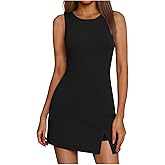 Womens Tennis Dress Mini Sleeveless Crew Neck Side Slit Athletic Romper Dresses Build in Shorts Workout Golf Outfits