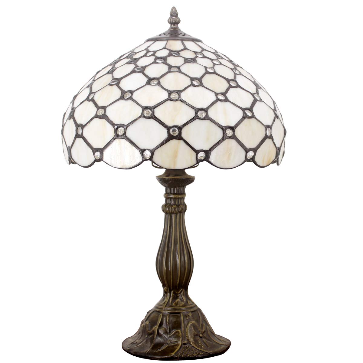 WERFACTORY Tiffany Lamp Cream Amber Stained Glass Bead Table Lamp Desk Bedside Reading Light 12X12X18 Inches Deco Bedroom Living Room Home Office S005 Series
