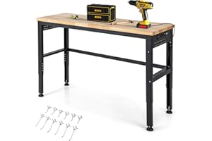 IRONMAX 53’’ Adjustable Work Bench, 1760 LBS Heavy Duty Oak Wood Table Top Workstation w/Power Strip & 12 Hooks, 5 Different Height Hardwood Worktable for Workshop, Garage, Office, Home