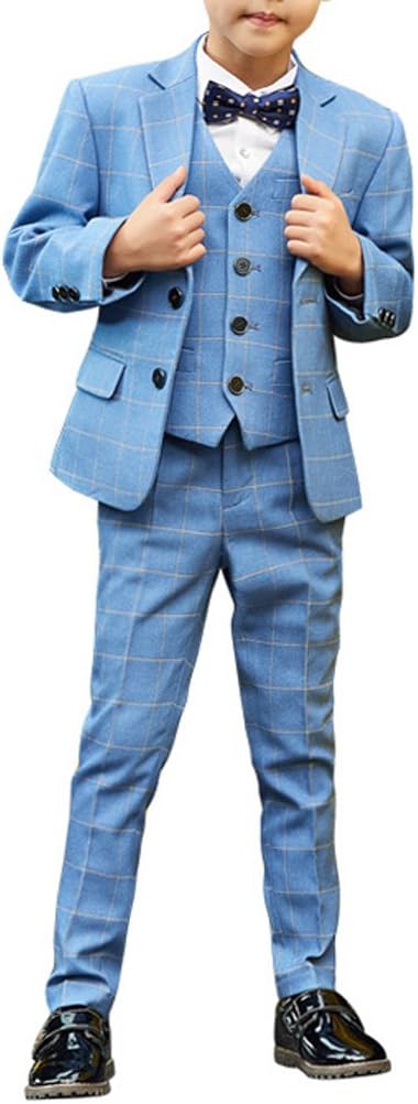 YUFAN Boys Formal Tuxedo Suits 5 Pieces Jacket+Pants+Vest+Shirt+Bow Tie 3 Colors Black Navy Plaid