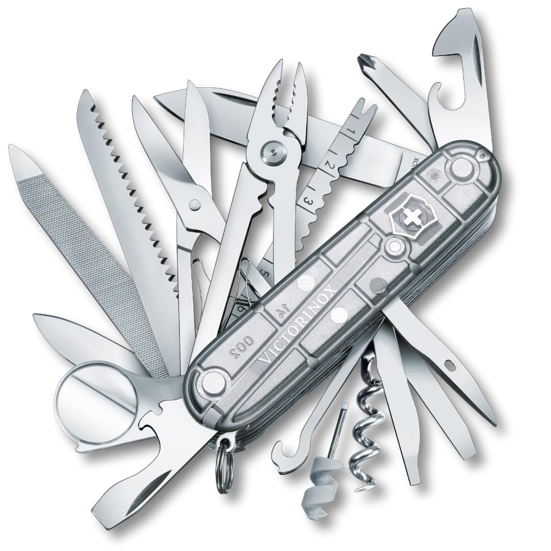 Victorinox Swiss Champ Swiss Army Knife, Medium, Multi Tool, 33 Functions, Blade, Scissors, Silver Transparent