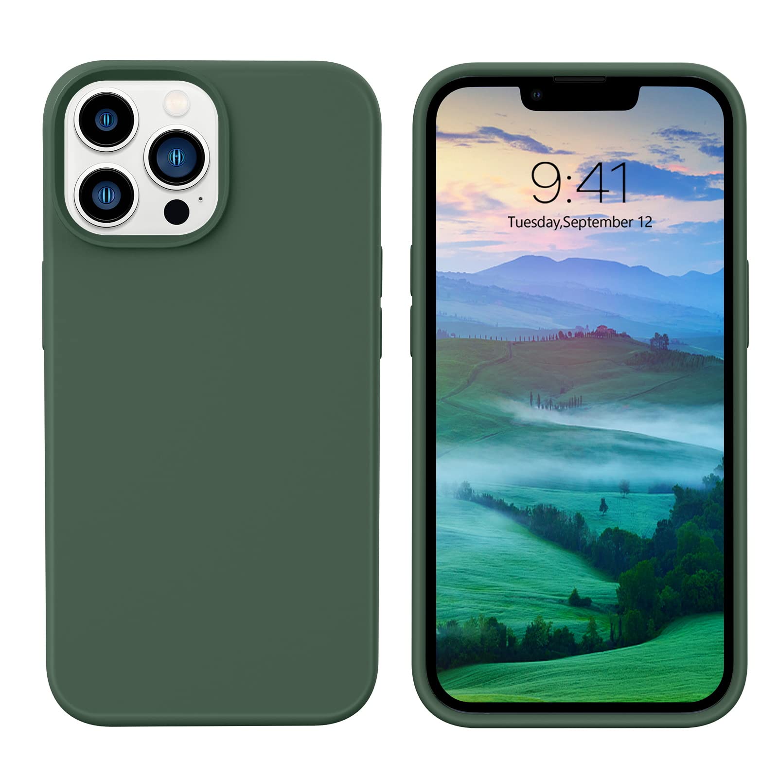 GUAGUA Compatible with iPhone 13 Pro Max Case 6.7 Inch Liquid Silicone Soft Gel Rubber Slim Microfiber Lining Cushion Texture Cover Shockproof Protective Phone Case for iPhone 13 Pro Max, Dark Green