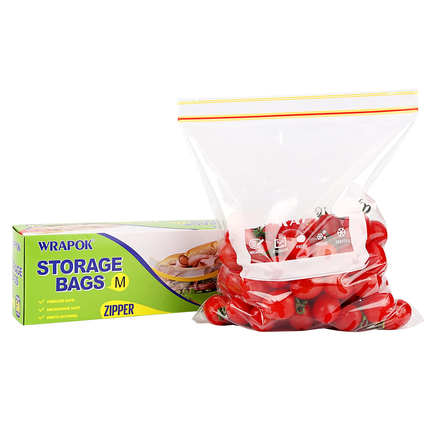 WRAPOK Medium Freezer Bags Ziplock Reusable Sandwich Plastic Food Bags - 9.8 x 8.7 Inch (50 Count)