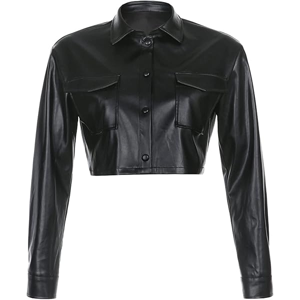Kissonic Women's Y2K Faux PU Leather Cropped Jacket Button Down