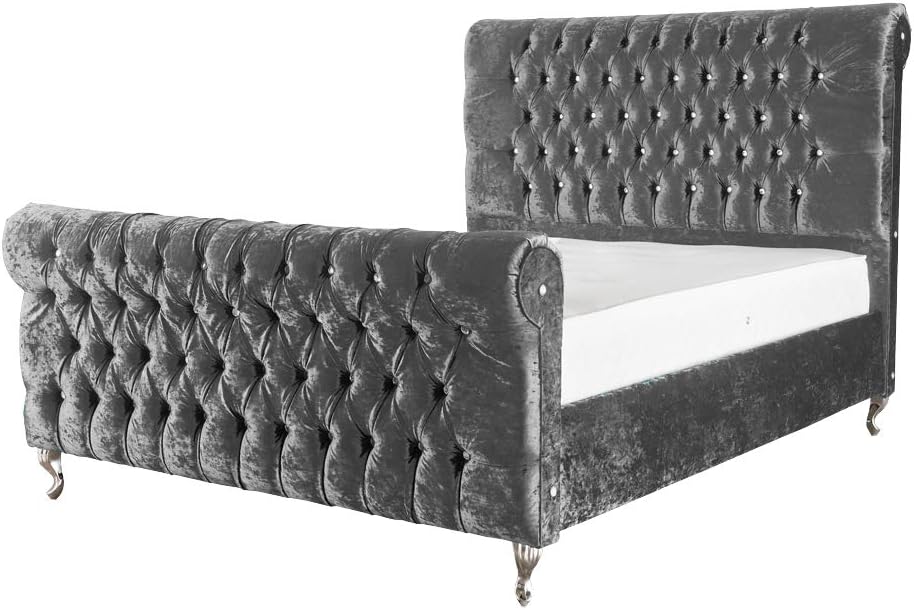 OWO Living Luxury Mayfair Crushed Velvet Fabric Sleigh Designer Bed Frame (4FT6 Double, Dark Silver)