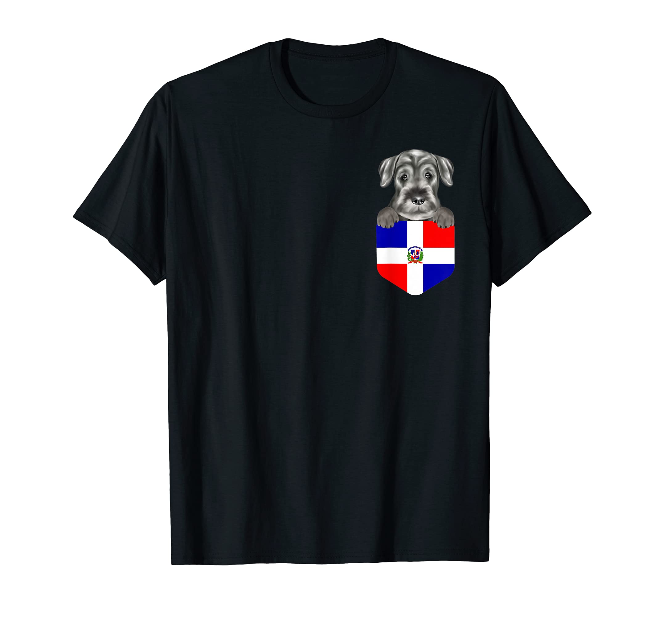 Dominican Republic Flag Standard Schnauzer Dog In Pocket T-Shirt