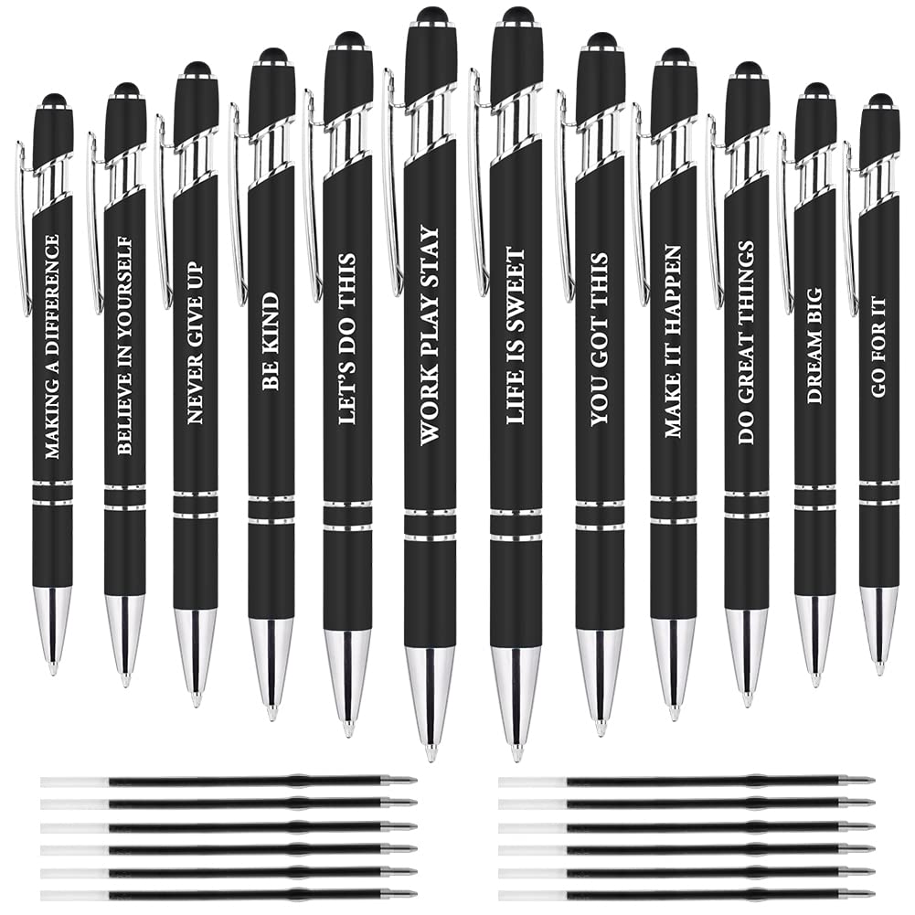 AUAUY 12 Pcs Snarky Office Pens, Ballpoint Pens Set with 12 Replacement Refills, 2 in 1 Stylus Pen Stylish Pen, Office Metal Inspirational Pen, Funny Pens for Coworkers, Black Ink 1 mm (Black)