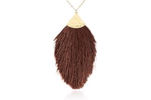 RIAH FASHION Antique Bohemian Silky Thread Fan Tassel Statement Necklace - Vintage Gold Feather Shape Strand Fringe Lightweight Long Chain