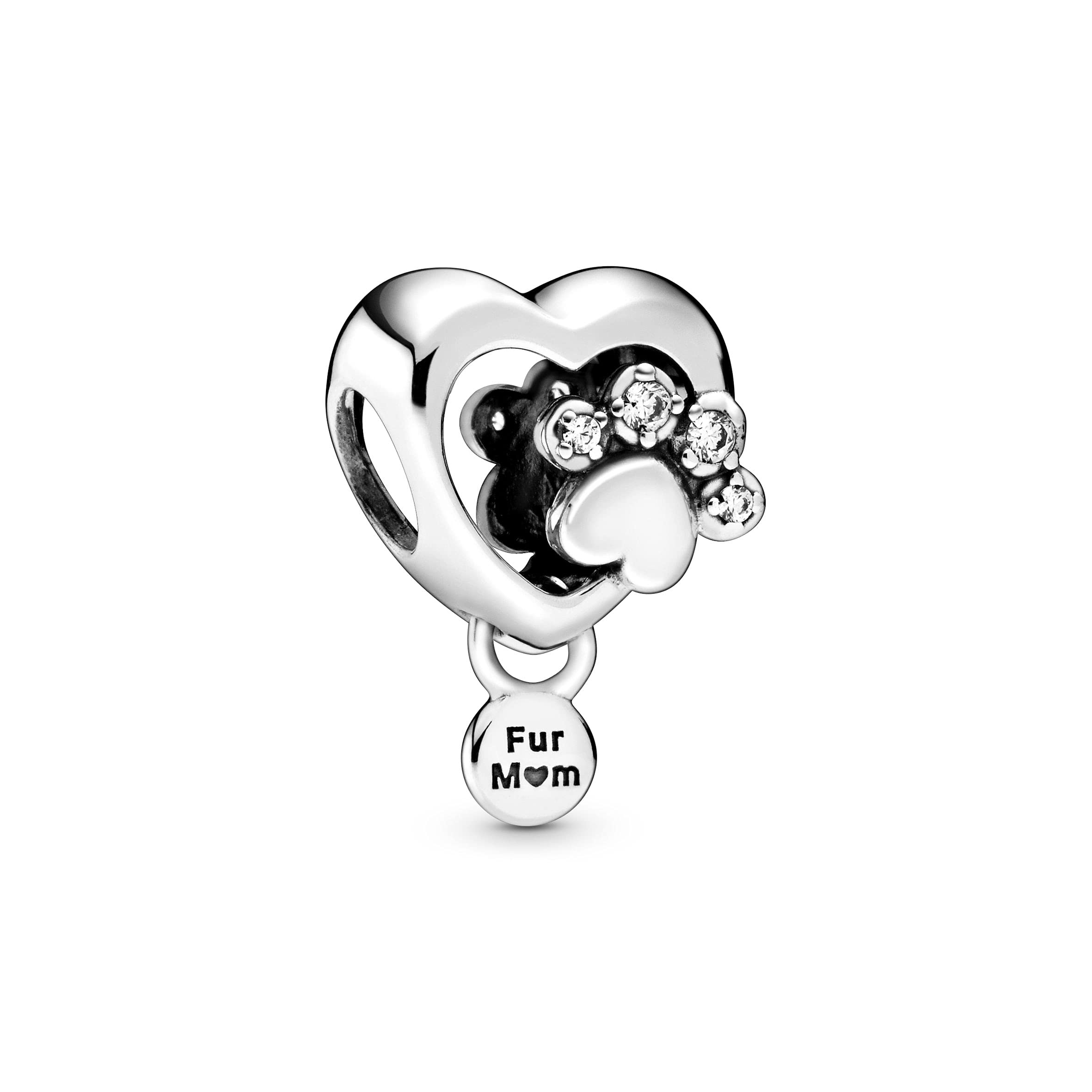 PANDORA Moments Women's Sterling Silver Sparkling Paw Print & Heart Bracelet Charm, No Box