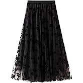 CHARTOU Women's Elastic High Waist Tulle Ruffle Pleated A-Line Swing Midi Skirt