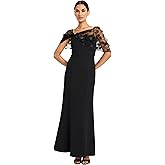 Maggy London Womens Women's Empire Waist V-Back Formal Gown - Sheer Floral Applique Overlay - Evening Maxi Dress