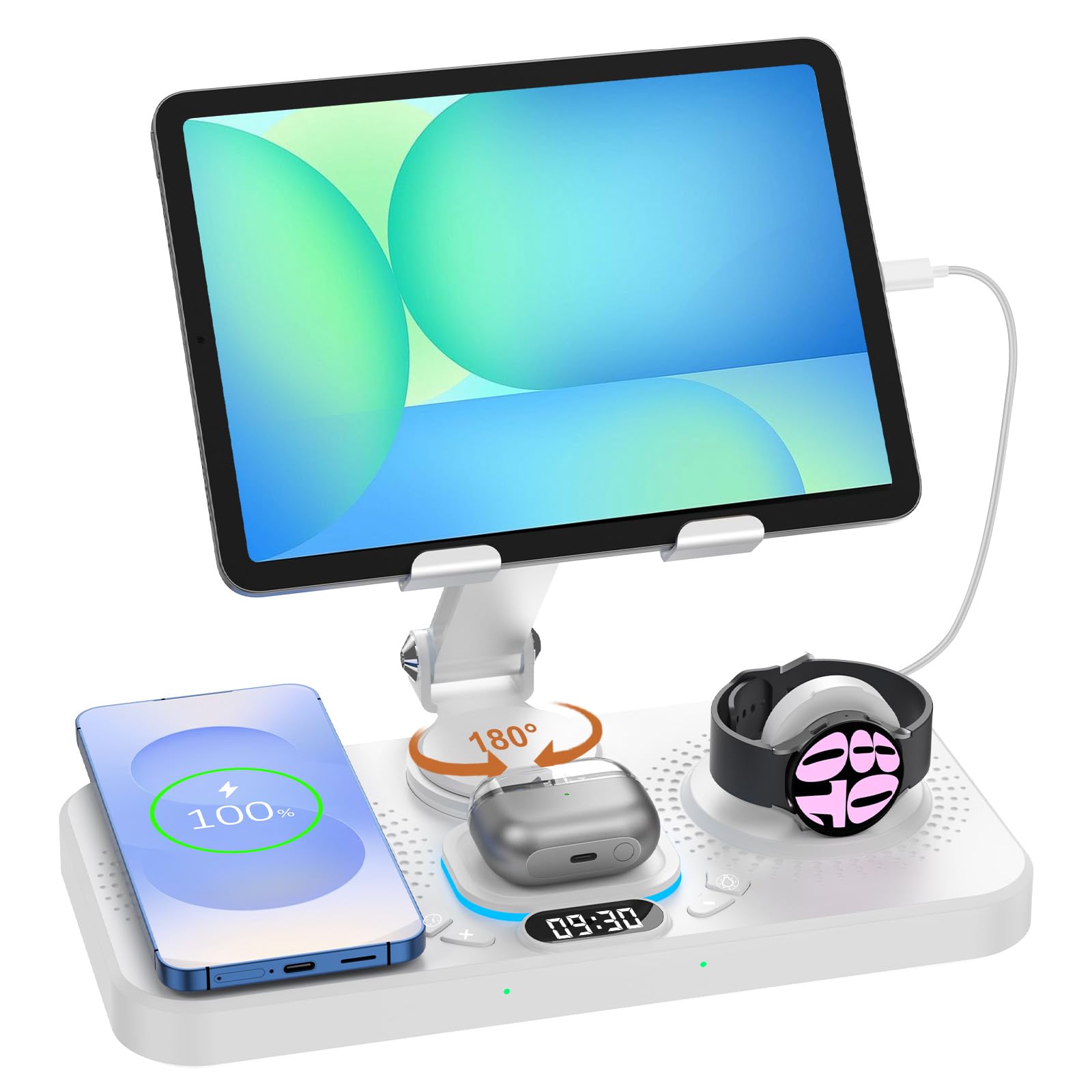 Photo 1 of 30W Magnetic Wireless Charger for Samsung Foldable Android Mag-Safe Charging Station for Galaxy Tab with Clock &7 Color Light, Watch Charger for S25 Ultra, for Samsung Watch8, Galaxy Buds3 Pro(White