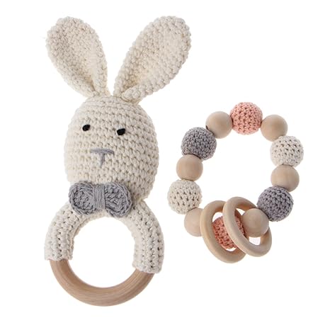 Haorw Beißring Set-Holzperlen mit bunten Häkelperlen Zahnungshilfe für Babys (Beige)