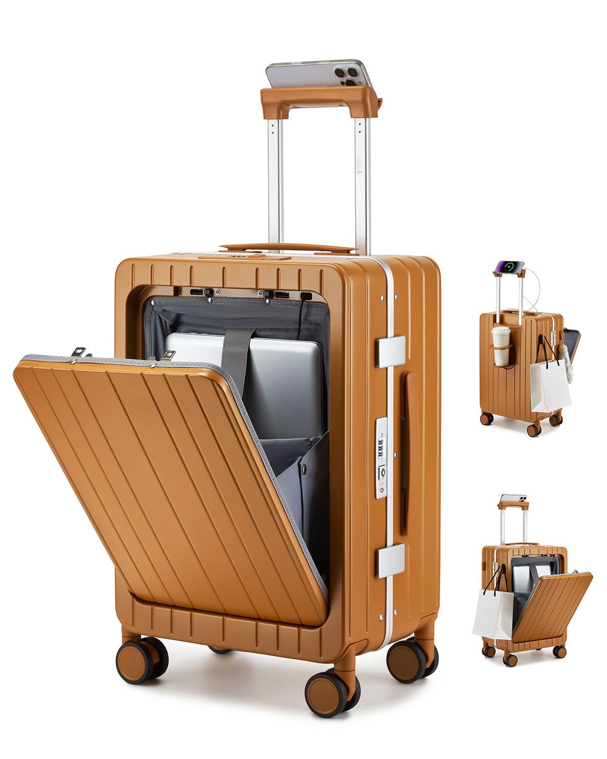 Photo 1 of Somago 20 inch Carry On Luggage Aluminum Frame Front Pocket Suitcase With TSA Lock Lightweight PC Suitcases with Cup Holder USB Charging Port (Yellow Brown, Carry on-20 Inch)